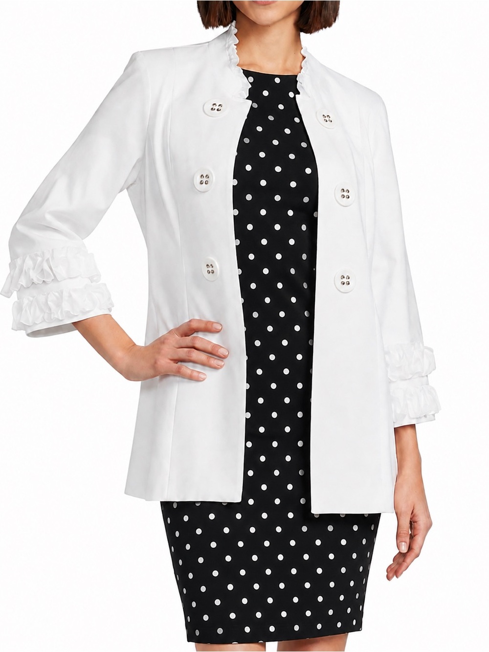 Linen Blend Georgette Trim Stand Collar 3/4 Sleeve Open-Front Jacket